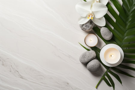 Top view of a serene spa design featuring a white stone background adorned with palm leaves, a delicの素材
