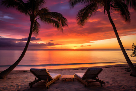 A stunning panorama of a tropical sunset, with two sun beds and loungers, shaded by an umbrella beneの素材