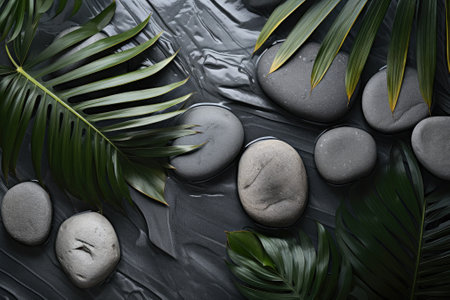 A background featuring a spa ambiance with the incorporation of palm leaves and grey stones, as seenの素材