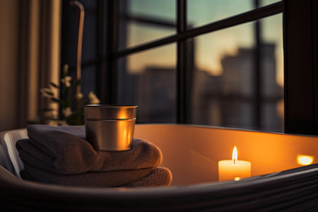 A candle placed in the bathroom, sitting on top of the bathtub.の素材