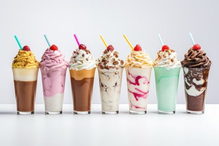 A collection of various mouthwatering milkshakes displayed against a white backdrop.の素材