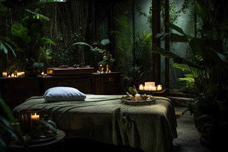 A close-up of the environment in a spa massage setting.の素材