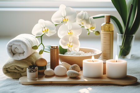 A collection of spa items, including candles and essential oils, arranged on a wooden tray in a bathの素材