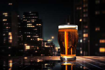 A chilled glass of beer resting against a somber backdrop.の素材