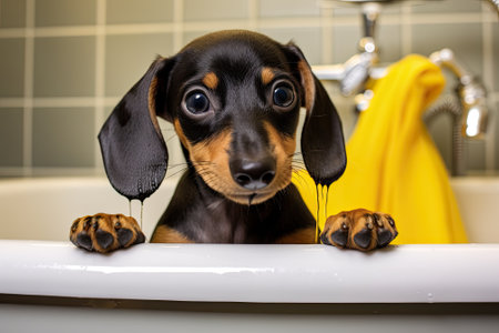 A dachshund puppy is in the bathtub, with a little yellow rubber duck resting on its head, while itの素材
