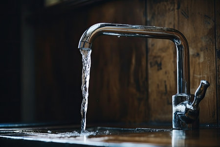 A chrome water tap for the kitchen that mixes hot and cold water.の素材