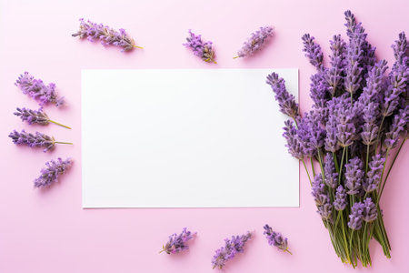 A cluster of recently harvested lavender rests on a soft pink backdrop, accompanied by vibrant violeの素材