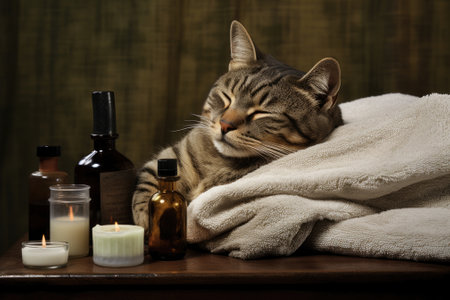 A feline indulges in a spa session, reclining on a towel atop a massage table and finding solace inの素材