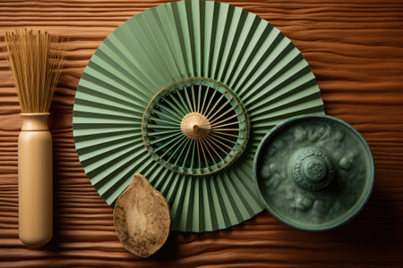 A close-up image of a green wooden background featuring a Zen candle and fan adorned with hieroglyphの素材