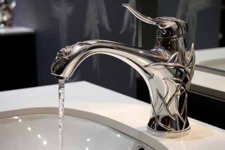 A chrome faucet for a washbasin that dispenses water.の素材