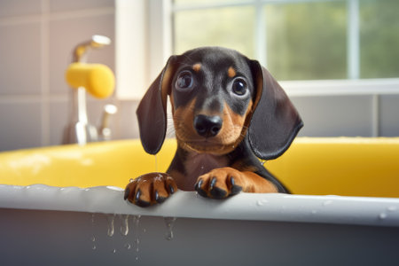 A dachshund puppy is in the bathtub, with a little yellow rubber duck resting on its head, while itの素材
