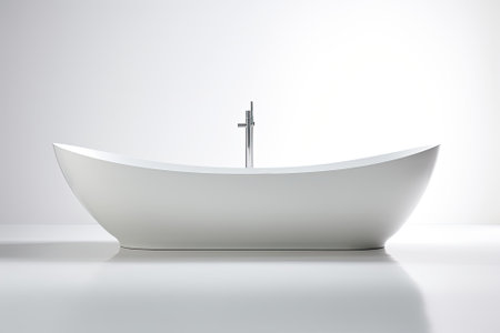 A contemporary, sleek ceramic bathtub with a clean design, portrayed alone on a white background.の素材