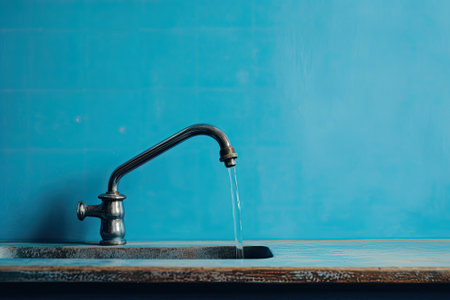 A faucet with running water against a backdrop of a blue color.の素材