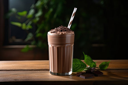 A refreshing chocolate milkshake served over a wooden backdrop.の素材