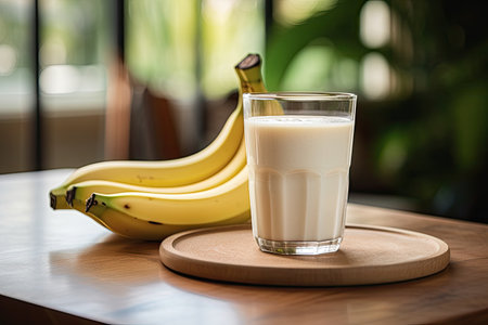 a glass containing a banana smoothie rests on a wooden tabletop.の素材
