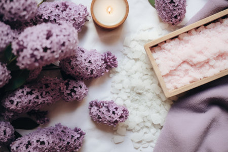 A flatlay image showcasing natural bath salt, soap, soft cotton towels, and beautiful lilac flowersの素材