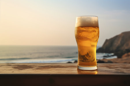 A glass of beer set against the hazy backdrop of a sea.の素材