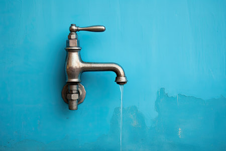 A faucet with running water against a backdrop of a blue color.の素材