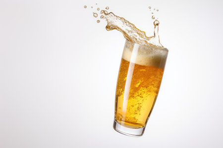 A man is raising a glass of beer in his hand, with his hand positioned high against a white backdropの素材