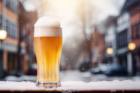 A frosty beer in a chilled glass, topped with frothy foam, set against the backdrop of a street.の素材