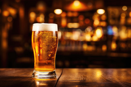 A glass filled with light beer sitting on a dimly lit bar.の素材