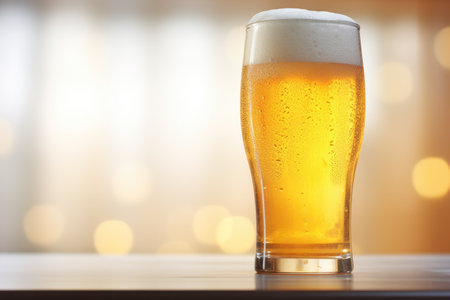 A frothy glass of chilled beer illuminating with a cool, radiant light, against a pure white backdroの素材