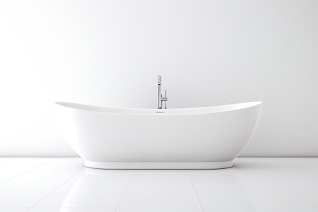 A contemporary, spotless ceramic bathtub standing alone on a white background.の素材