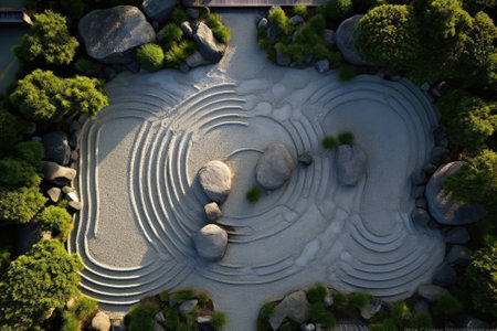 A Japanese zen garden represents the fusion of deep focus and spiritual elements, featuring intricatの素材