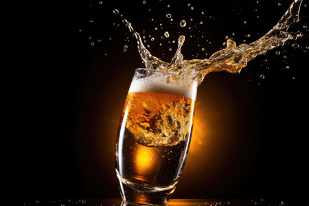 A glass filled with beer, causing a splash, against a dark backdrop.の素材