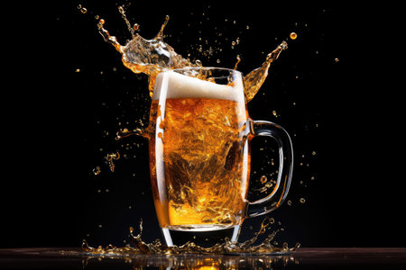A glass filled with beer, causing a splash, against a dark backdrop.の素材