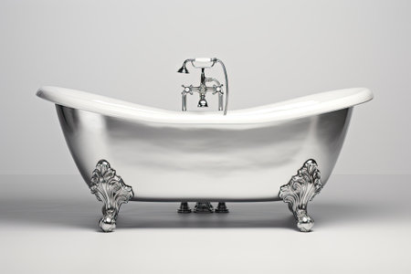 A free-standing bathtub with beautiful silver decorative feet that stands out on a white background.の素材