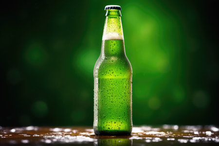 A green bottle of beer with water droplets on it.の素材