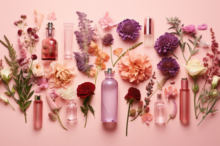 A top-down view of a pink background adorned with a range of bottles containing natural cosmetic proの素材