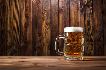 A mug containing beer placed on a backdrop made of wood.の素材