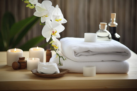 Arrangement of spa treatment items on the table made of white wood.の素材