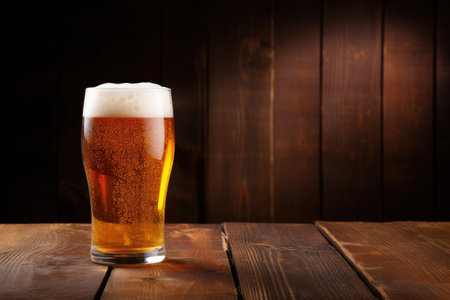 A refreshing beer, chilled to perfection, served in a frosty glass, showcased against a dark woodenの素材