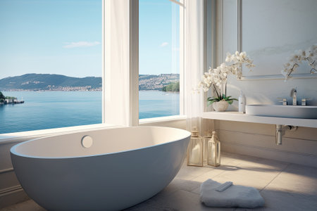 A luxurious, timeless bathtub is found in a bathroom that offers a serene atmosphere and has a windoの素材