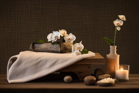 A massage table in a spa salon adorned with towels, flowers, and stones.の素材