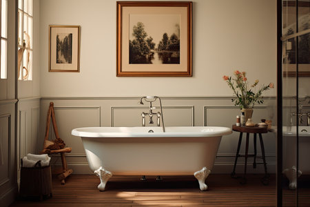 A traditional bathroom featuring a bathtub and a pitcher of water.の素材