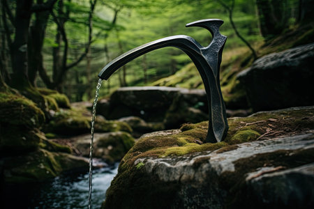 A metal faucet surrounded by a natural setting.の素材
