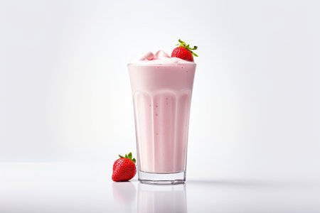 A strawberry milkshake in a clear glass, standing alone on a white background.の素材