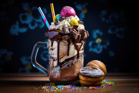 A milkshake with an extremely rich and indulgent chocolate frosting, topped with a donut and variousの素材