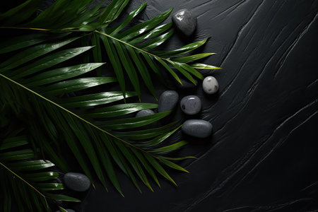 A spa setting with a dark backdrop, highlighting the idea of hydration, featuring lush palm leaves aの素材