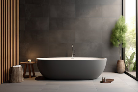 A modern bathroom includes a gray freestanding bath that has been carefully designed.の素材