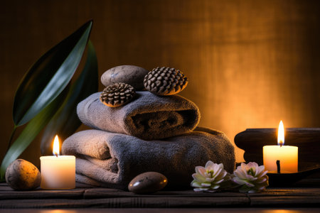 A therapeutic composition at a spa resort includes the presence of burning candles, stones, towels,の素材