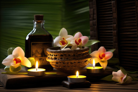 A stunning spa setup featuring candles, frangipani flowers, bottles of oil, a dish of salt, and an hの素材