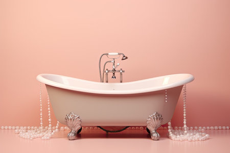 A unique design featuring a vintage bathtub and elegant white pearls set against a soft pastel pinkの素材