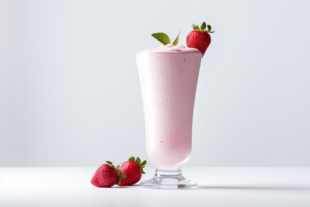 A strawberry milkshake in a clear glass, standing alone on a white background.の素材