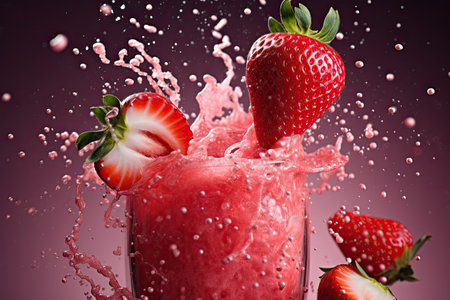A strawberry smoothie splashes, with droplets falling.の素材
