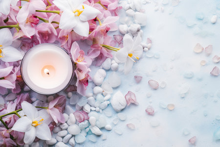 Flat lay of flowers, sea salt, and candles arranged on a white wooden background, creating a sereneの素材